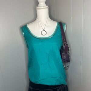 LOFT 100% Silk Teal Tank Top – Raw Edge Beaded Chain Boho Festival Top